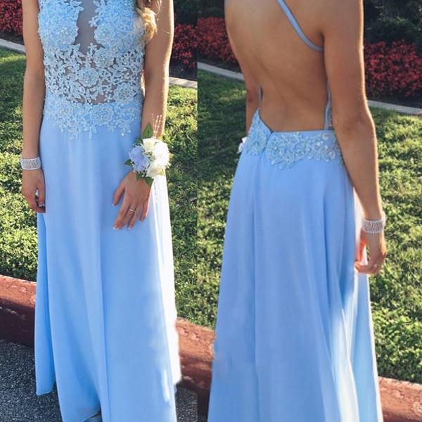 Long Blue Chiffon Applique Lace Beads Elegant Graduation